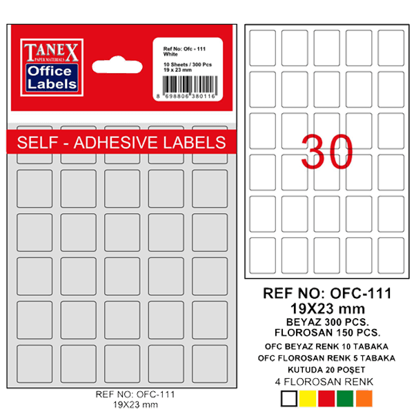 Tanex Ofis Etiketi Poşetli 19x23 MM Beyaz OFC-111